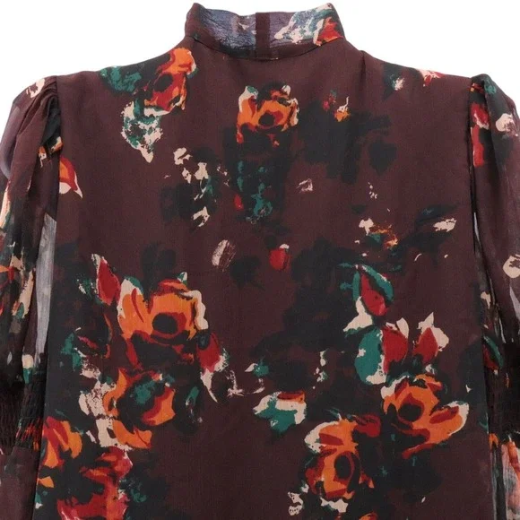 Walter Baker Floral Mini Dress Sheer Sleeve Tie Neck Ruffle Hem Large - Picture 8 of 14